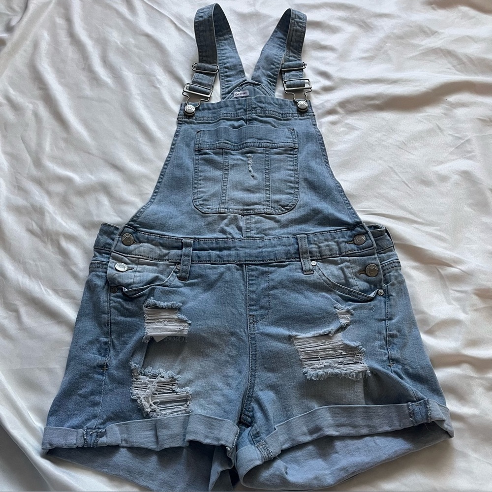 Blue Spice Y2K Distressed Denim Shortalls Ripped Overalls Size 9